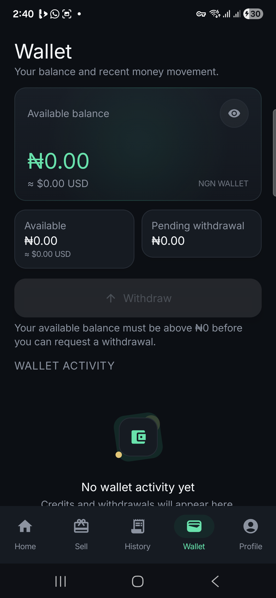 Mizpa X Wallet balance and transaction screen